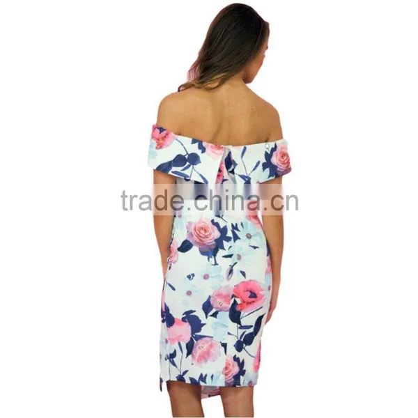 Summer Front Slit One-piece Printed Floral off Shoulder Dress photo-4