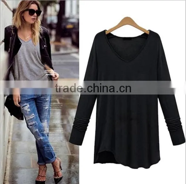Big Yards Dress Pure Color Long Sleeve V-neck Shirt photo-2