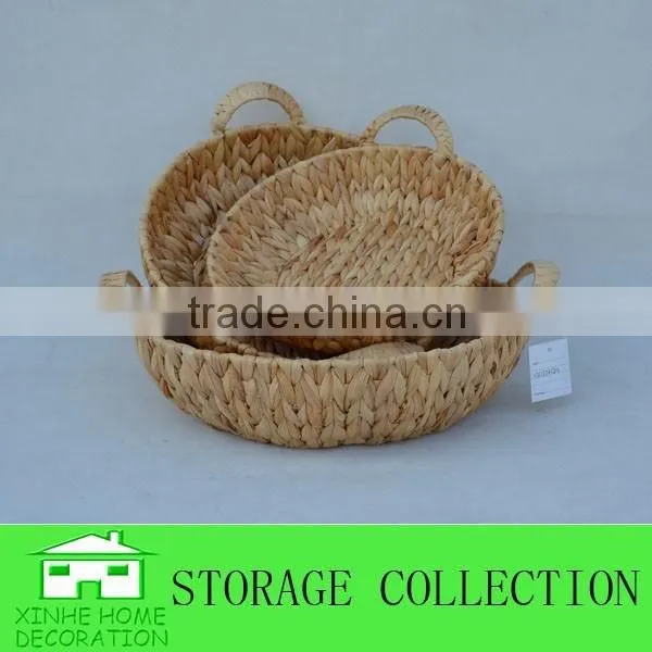 S/3 Round Natural Handwoven Water Hyacinth Storage Tray With Handles