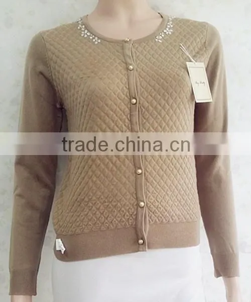 Lady Plaid Knitting Wear Beaded Long Sleeve Sweater Cardigan photo-4