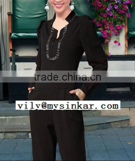 Woven Beaded Long Sleeve One Button Pleated Good Quality Women Jumpsuit photo-3