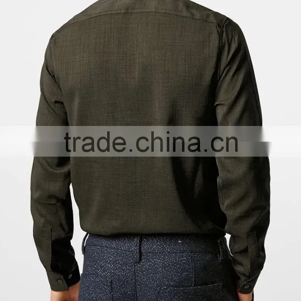 Khaki Long Sleeve Cotton Shirt With Double Chest Pocket photo-2