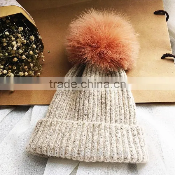 Real Fur Pompom Winter Hats For Women Cashmere Wool Knit Beanie Cap Turkey Fur Pom Bobble Hat 2016 photo-4