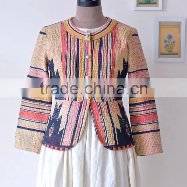 Hand Crafted Kantha Jacket in Beautiful Vintage Color Print ~ Large photo-2