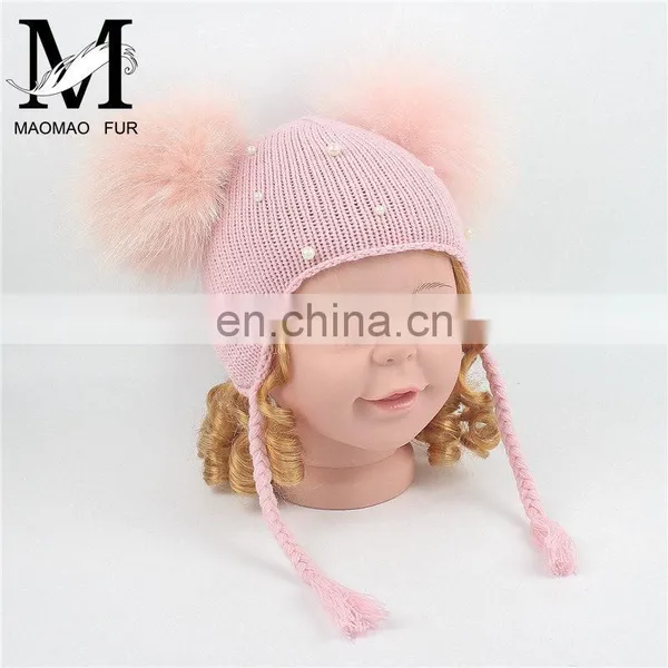 Wholesale Double Raccoon Fur Poms Cap Kids Hat With Fur Pom Pom photo-3