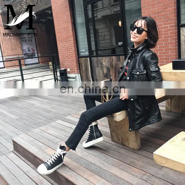 High Quality Popular Young Women Real Sheep Leather Garment Spring Ladies Long Black Coat photo-5