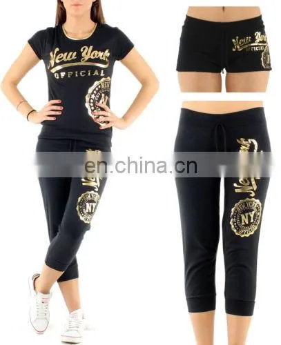 Sports Pants Black Gold Printed Trousers Casual Women Three Quarter Pants