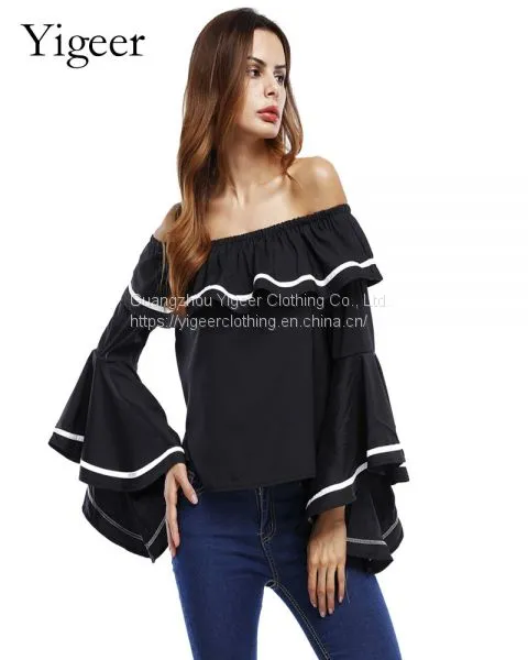 Off Shoulder Flare Sleeve Fashionable Loose Top Blouse photo-2