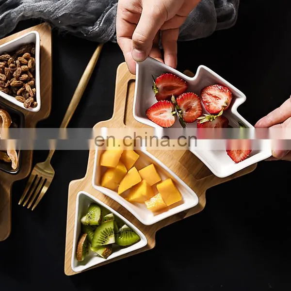 2022 Christmas Tree Decorative Dry Fruit Snack Tray Restaurant Dessert Bamboo Tray Wooden Serving Ceramic Plate photo-2