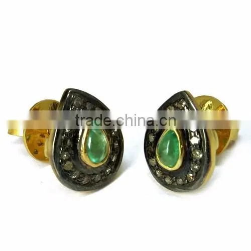 Finesque !! Pear Shape Emerald & Diamond Gold Polish 925 Sterling Silver Earring, Dangler SIlver Earring, Silver Jewellery photo-6