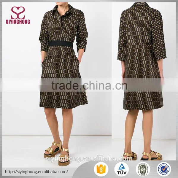 Brown and Yellow Cotton Printed Shirt Dress Three-quarter Length Sleeves Mid-length Classic Collar Dress