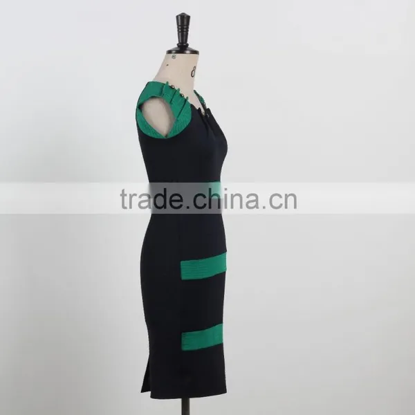 Latest Dress Designs Shiny Beading Elegant Bodycon Knee Length Evening Dress Green and Black Stripe Sleeveless Dress photo-4