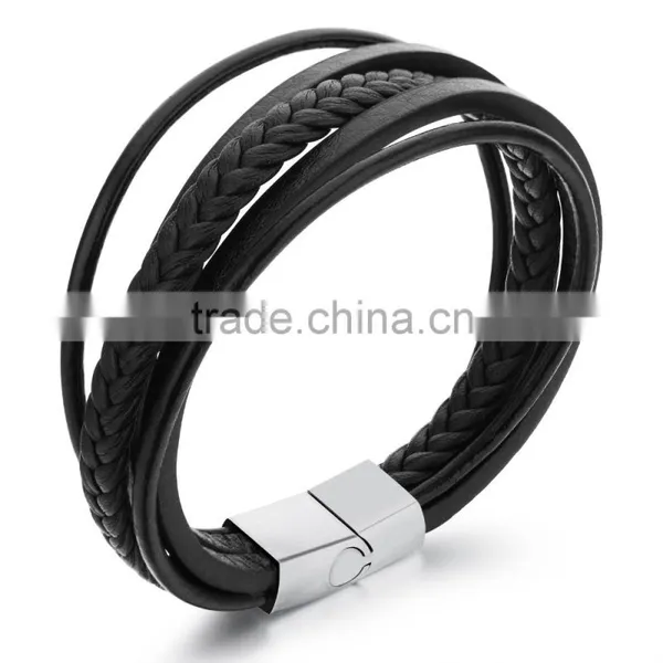 Multilayer Genuine Leather Rope Chain Man Bracelets Classical Simple Design Men Jewelry With Magnet Buckle photo-3