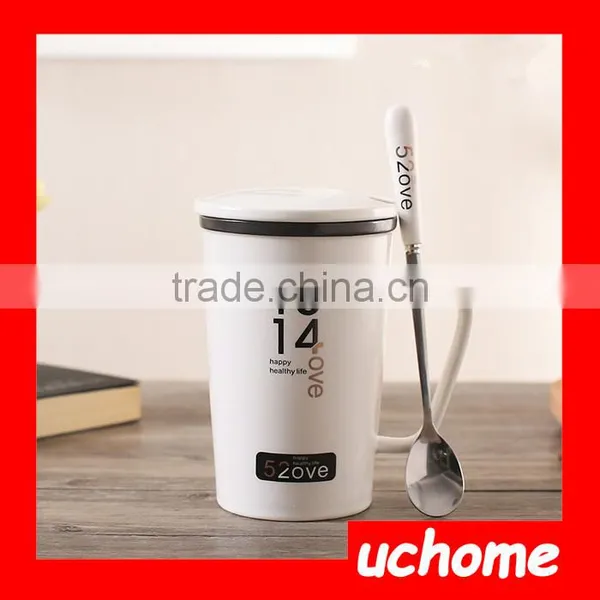UCHOME Black And White Ceramic Couple Milk Mug Cups With Lid And Spoon photo-6