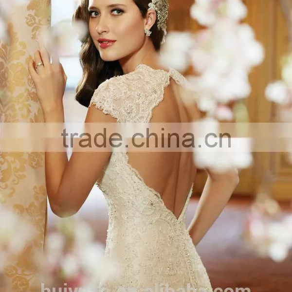 Champagne Color Satin Lace Cap Sleeve Mermaid Deep Backless Wedding Dress photo-3