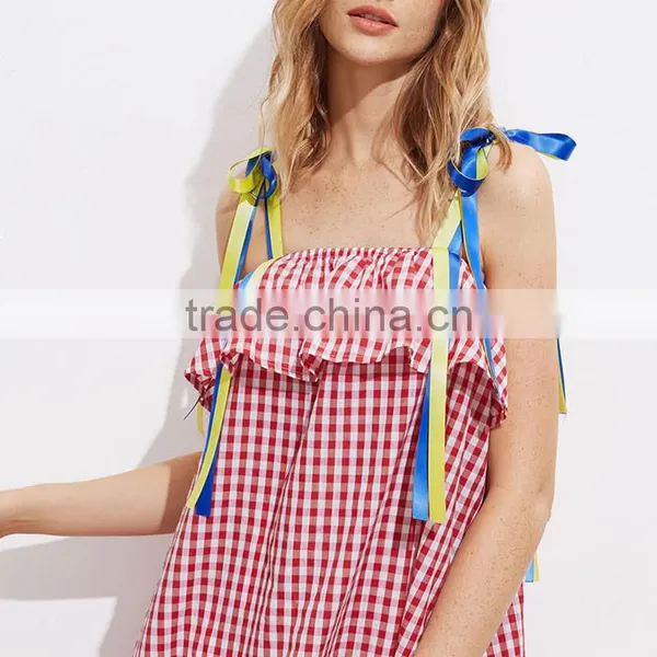 Cute Ruffled Hem Self Tie Dress, Ladies Red Cotton Sleeveless Dress photo-6
