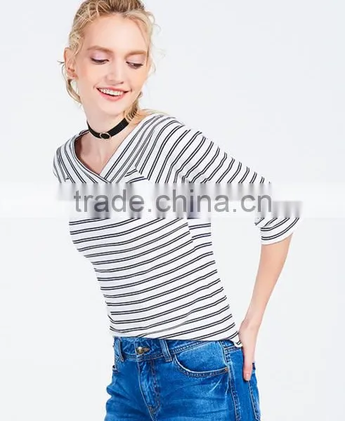 Lady Tight V Neck Pullovers Stripe Latest Sweater Designs for Girls With High Quality photo-3