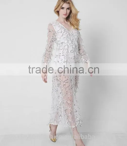 New Long Sleeves Deep V Sexy Dress Net Yarn Tassel Sequins Pictures of Long Skirts Ladies Formal Skirt and Blouse photo-5