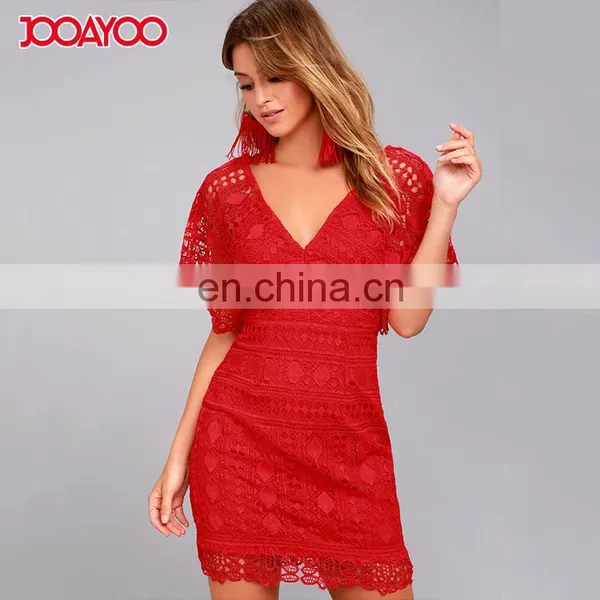 Fashion v Neck Cape Sleeve Ladies Casual Dress Hollow Out Lace Sexy Women Dresses photo-2