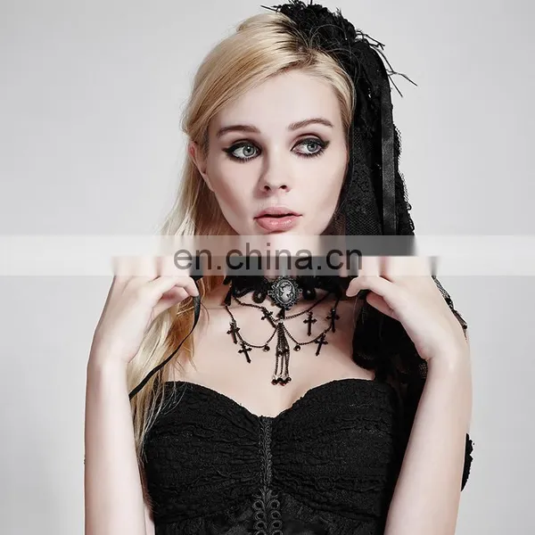 Gothic Laced and Chained Necklace With Cameo and Crosses photo-4