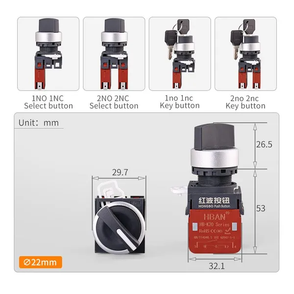Ip65 30mm Key Rotary 3 Position Chrome Plated Brass 20a 2NO 2NC Latching Switch photo-5