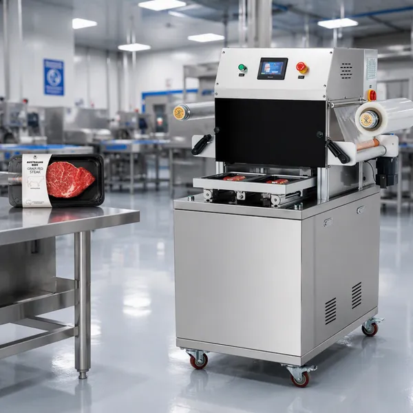 Automatische Vakuum-Skin-Verpackungsmaschine QD-440 für die gewerbliche Verpackung von Fleisch, Meeresfrüchten und gekochten Speisen mit PLC-Steuerung.