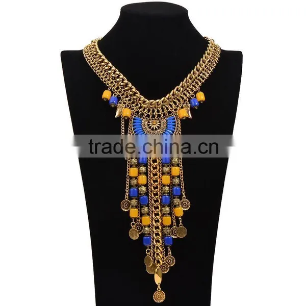 2016 High Quality Bohemian Vintage Necklace Antique Silver Turquoise Jewelry Long Tassel Necklace photo-3