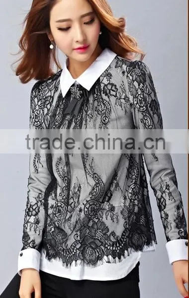 New Design 2014 Elegant Long Sleeve POLO Collar Lace Lady Shirt