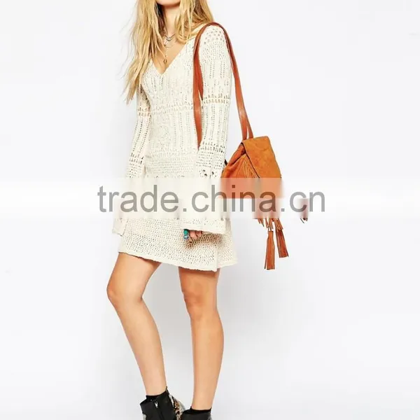 Crochet Sweater Dress Pattern Women Bell Sleeve Sexy Crochet Swing Dress photo-2
