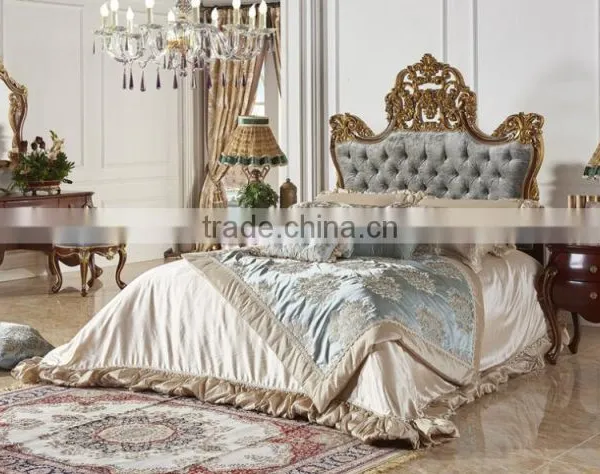 Antique Classic Upholstery Bed Set, Luxury Button Tufted Queen Bed With Gold Painting, Wood Carving Bedroom Furniture Set photo-4