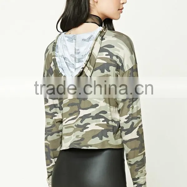 Pullover Hoodie Manufacturers, 95% Rayon 5% Spandex Long Dolman Sleeves Camo Print Cropped Hoodie Ladies photo-4