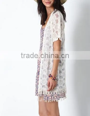 Spring Embroidered Fringe Lace Kimono Short Sleeve Small Women Coat photo-4