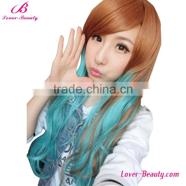 Hexin Fashionable Hotsell Long Wavy Brown and Green Full Lace Human Hair Wig photo-2