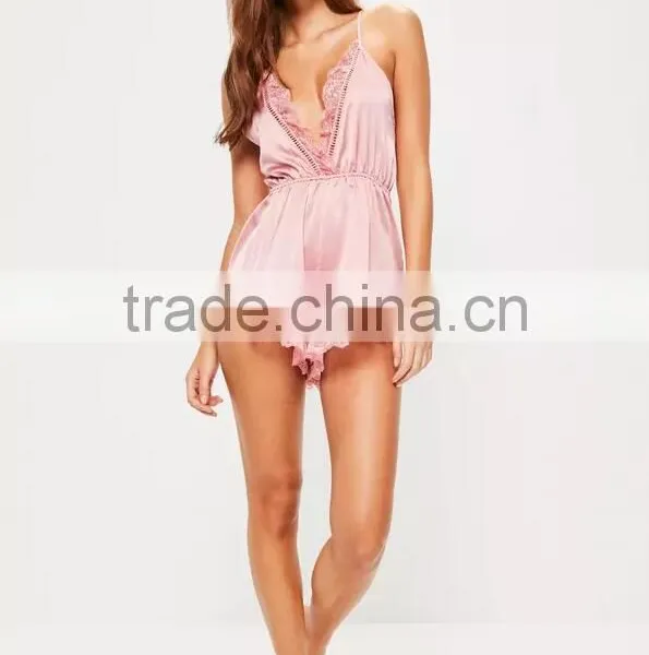 Custom Made Pink Satin Lace Detail Teddy Women Sexy V Neck Pyjama With Elasticated Waist Bodysuit Sleepwear photo-5