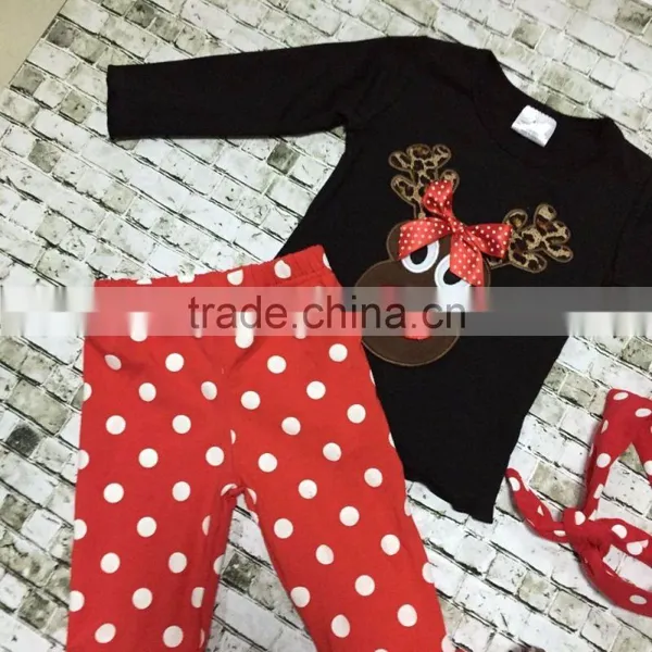 Christmas New Design X-mas Outfits Baby Kidswear Reindeer Leopard Clothes Red/white Dot Ruffle Pant With Accessories photo-5