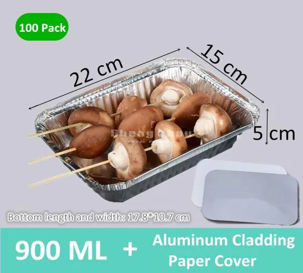 100 Pack Aluminum Pans with Aluminum Cladding Paper Lids,Deep Steam Table Pans, Rectangular Aluminum Grill Pans (900 ML)
