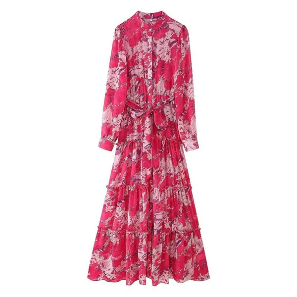 Spring and Summer New European and American Style Women's Clothing Fashion Temperament Long Sleeved Layered Belt Decoration Long Dress photo-3