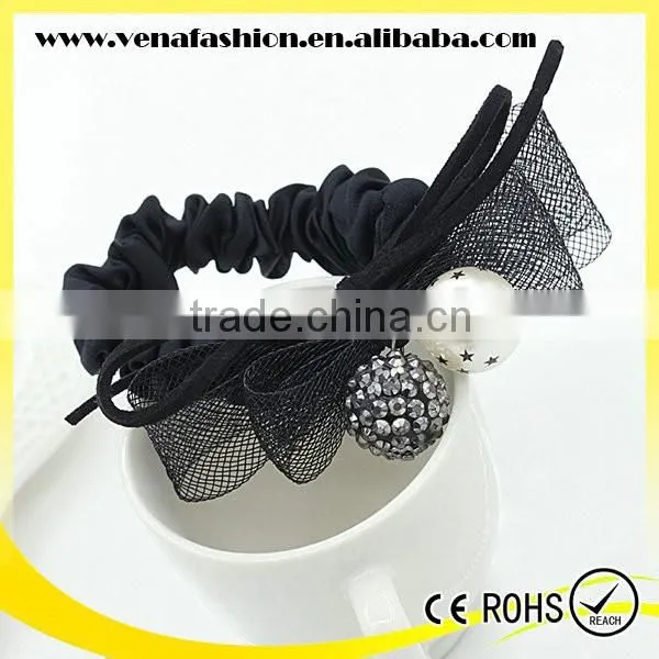 Gauze Jeweled Rhinestone Bow Pearl Handmade Felt Hair Band photo-6