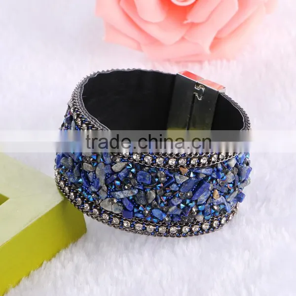 New Arrive Nature Stone Wide Crystal Velvet Magnetic Clasp Bracelet Bohemia Style For Women photo-2