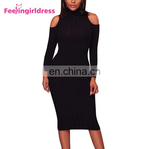 Fashion Design Cold Shoulder Knitting Sweate Sexy Bodycon Party Midi Dress photo-5