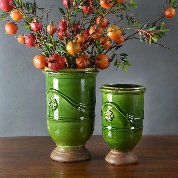 Retro European Countryside Hand Made Blue Green Ceramic Floor Vase For Balcony Garden Decor photo-4