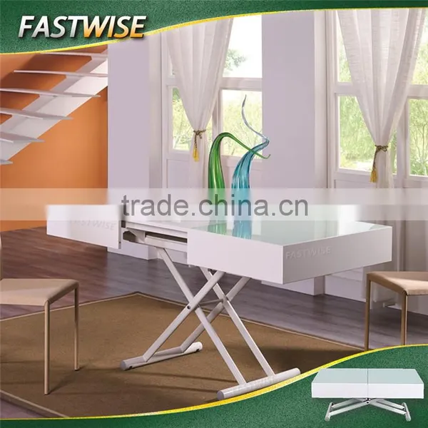 Glossy White Glass Top Extendable Convertible Coffee Dining Table for Dining Room