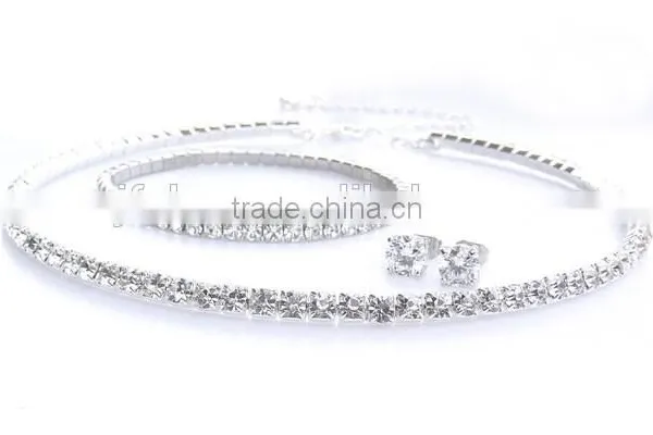 Silver Clear Crystal Stones One Row Jewelry Tri Set