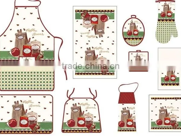 2016 Silk Screen Pigment Printing 3pcs Cotton Apron Set With Oven Mitten Pot Holder Set Free Samples China Supplier photo-4