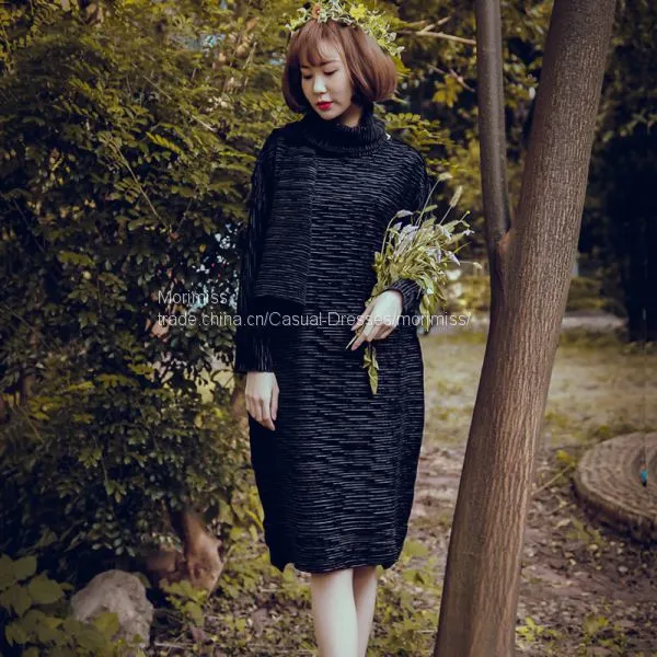 2017 Spring Slim Fit Glittering Dress Plain Pleuche Dress With Scarf photo-3