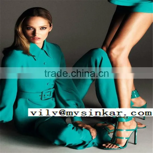Green Lapel High Empire Waistband Long Sleeve One Covered Button Long Trousers Women Dancerwear Sets