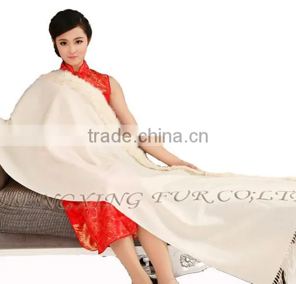 CX-B-P-41F New Product Noble Cape Brand Name Shawl Hand Made Wholesale Cashmere And Rabbit Fur Trim Cape photo-3