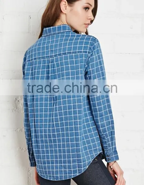 2015 Custom Women's Blue Plaid Long Sleeve 100% Cotton Flannel Shirt photo-4
