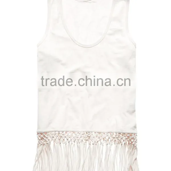 2016 Guangzhou Shandao Fashion Design Summer Casual Sleeveless Tassels Bottom Round Neck White Cotton New Style Top For Girls photo-4