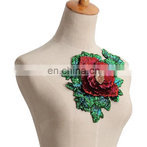 Fashion Red Rose Green Flower Sequined Patch Sew on Clothes photo-2